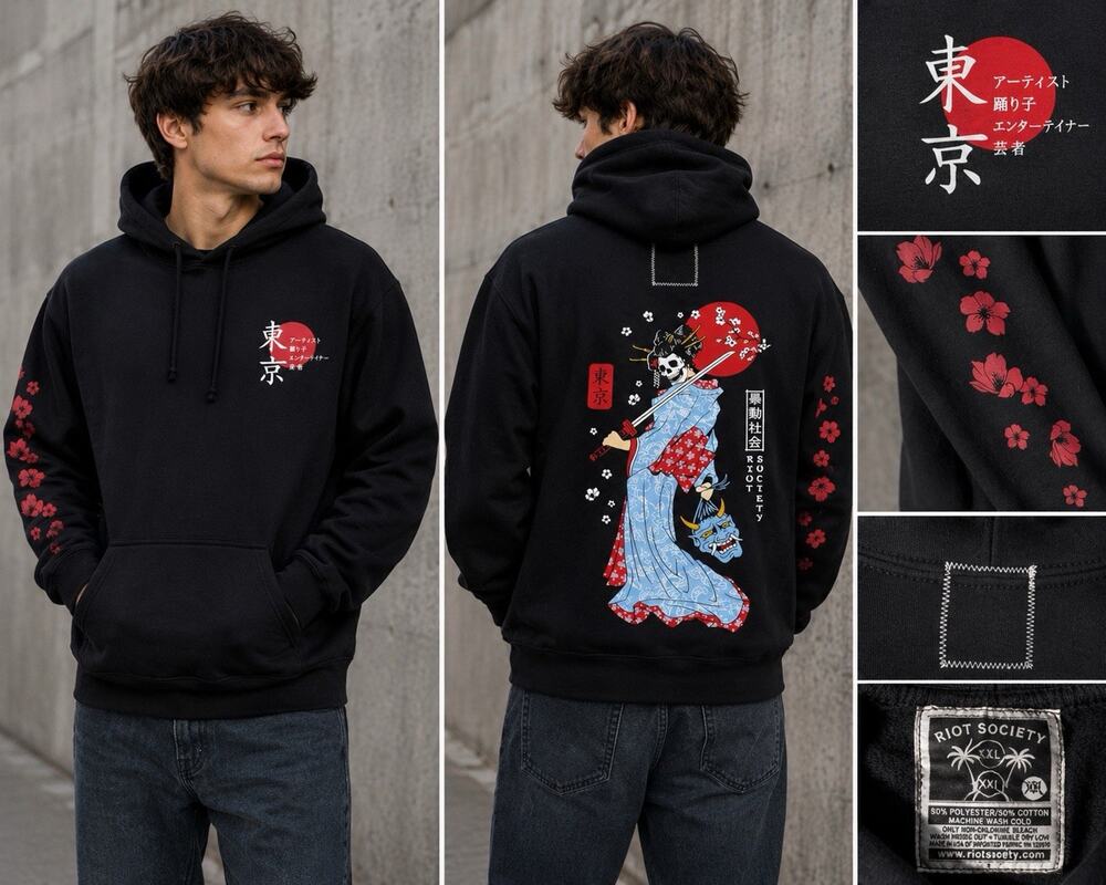Riot Society Tokyo Geisha Skull Sword Hoodie Black Men’s XXL Streetwear